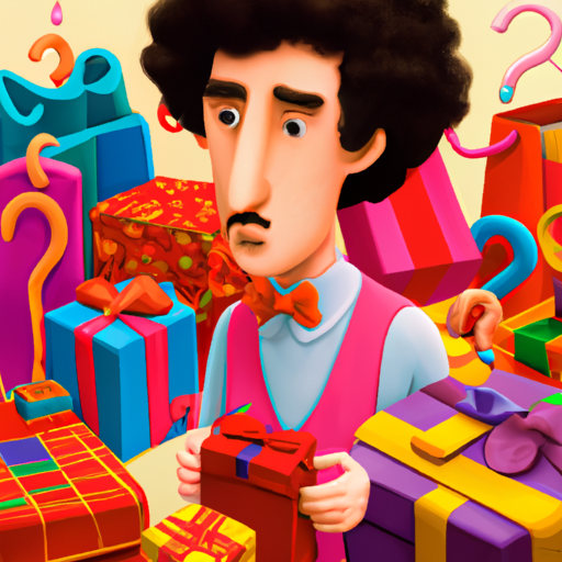 תמונה של אדם מבולבל מוקף באפשרויות שונות של מתנה המתארת את האתגר של בחירת מתנה מתאימה